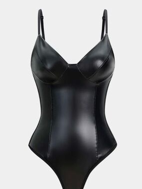 Sleek Black Faux-Leather Bodysuit with Adjustable Straps